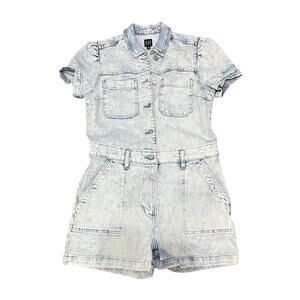 Blue Acid Wash Denim Short Sleeve Button-Up Romper – Women’s Size 10